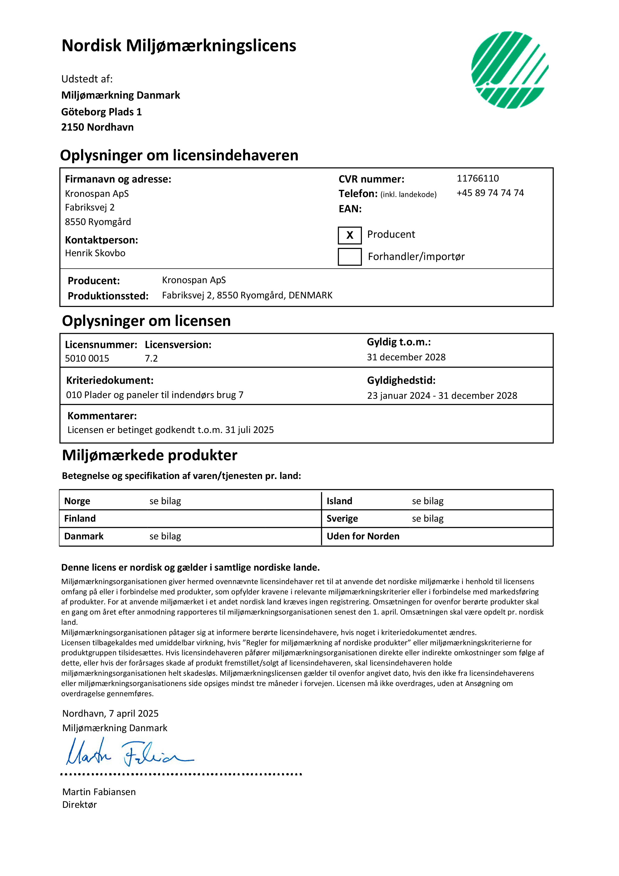 Zertifikat Nordic Eco Label Licens